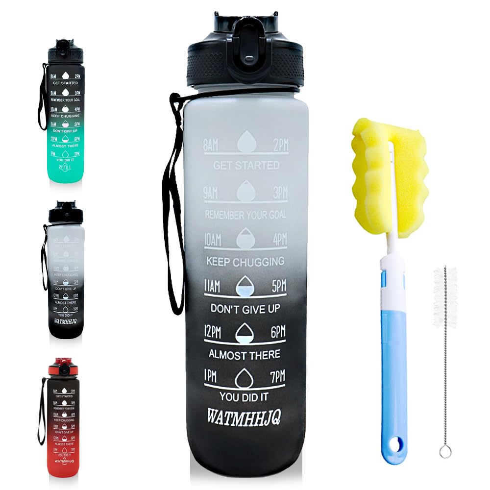 32oz Sports Water Bottle Outdoor, with Drinking Time and Capacity Labels, Sport Water Cups with Straw,BPA Free Leak Proof,for Fitness Gym Running Climbing (Black red)