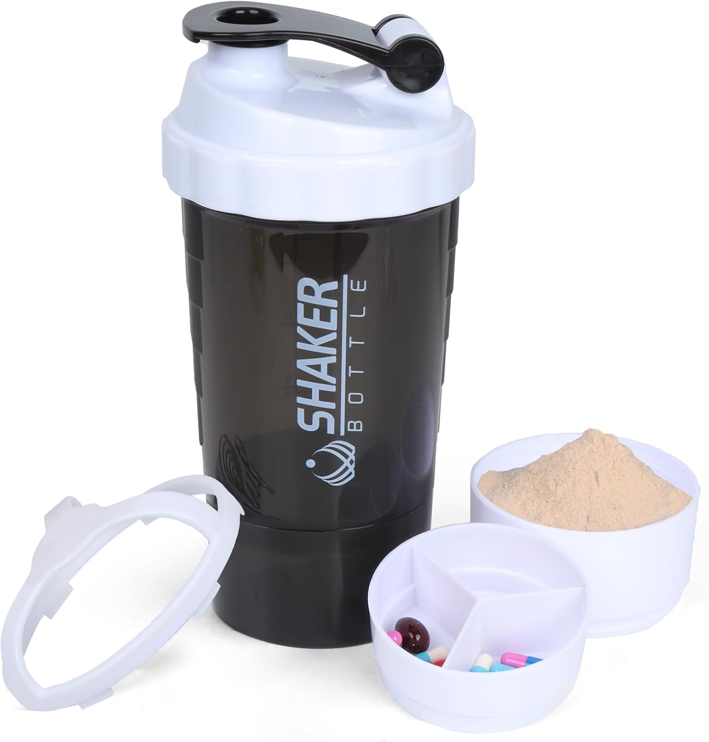 XTK Shaker Bottle Protein Shaker Bottles with Storage and Mix Ball, 16OZ Sports Water Bottle with Pill Organizer,Leak Proof Portable Shaker Cup for Protein Mixes and Pre Work Out,BPA Free(white)