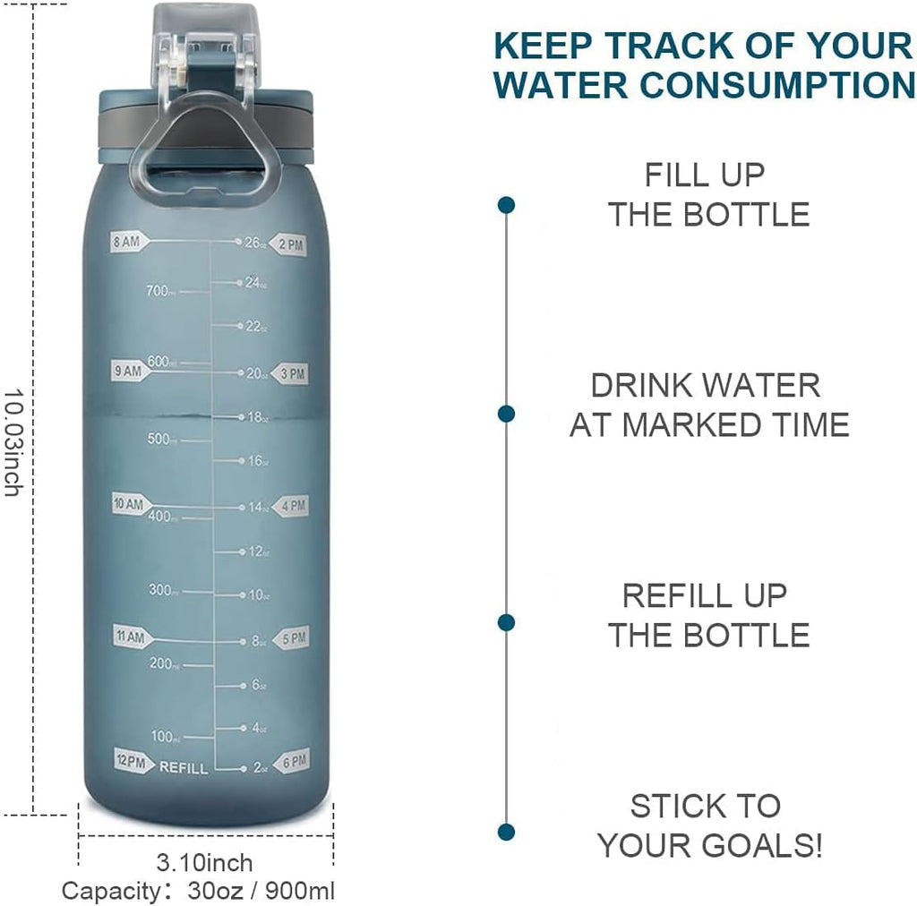 30oz Sport Water Bottle with Time Markers, Large Durable Gym Plastic Bottle for Fitness, Outdoor Enthusiasts, Leakproof (Pack of 1)