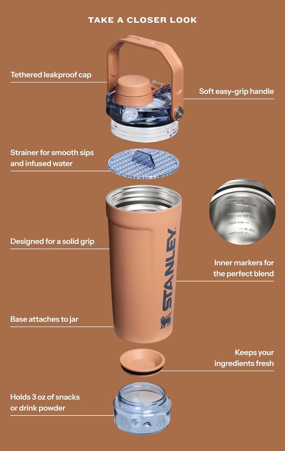 STANLEY Vitalize Shaker Bottle 20 oz | Leakproof Insulated Stainless Steel Shaker Cup | Base Storage and Twist On Fast Flow Lid | Protein Shakes and Pre Workout Powder | BPA-Free | Chalk