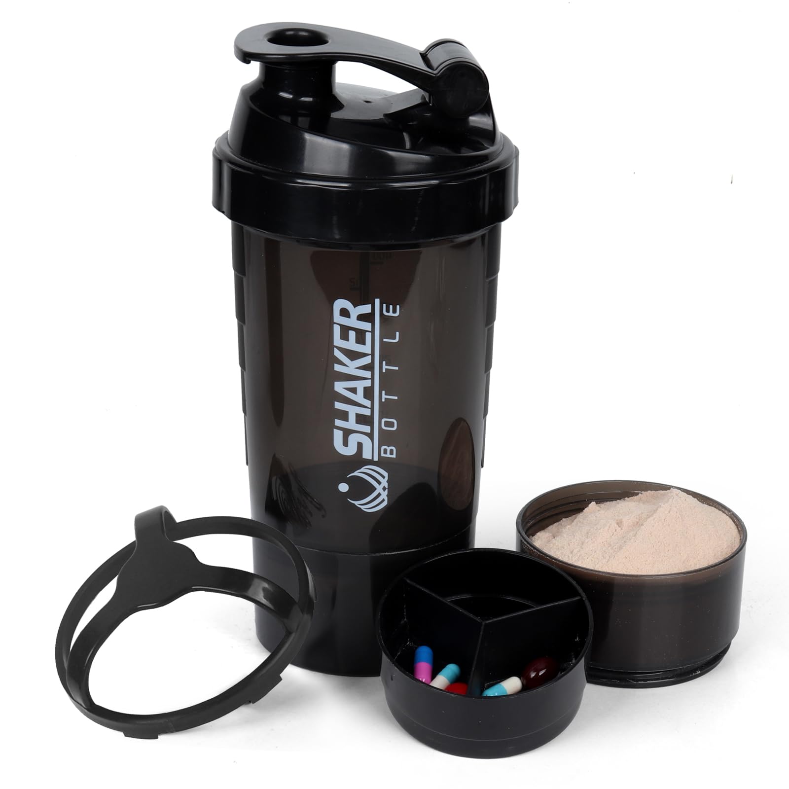 XTK Shaker Bottle Protein Shaker Bottles with Storage and Mix Ball, 16OZ Sports Water Bottle with Pill Organizer,Leak Proof Portable Shaker Cup for Protein Mixes and Pre Work Out,BPA Free(white)