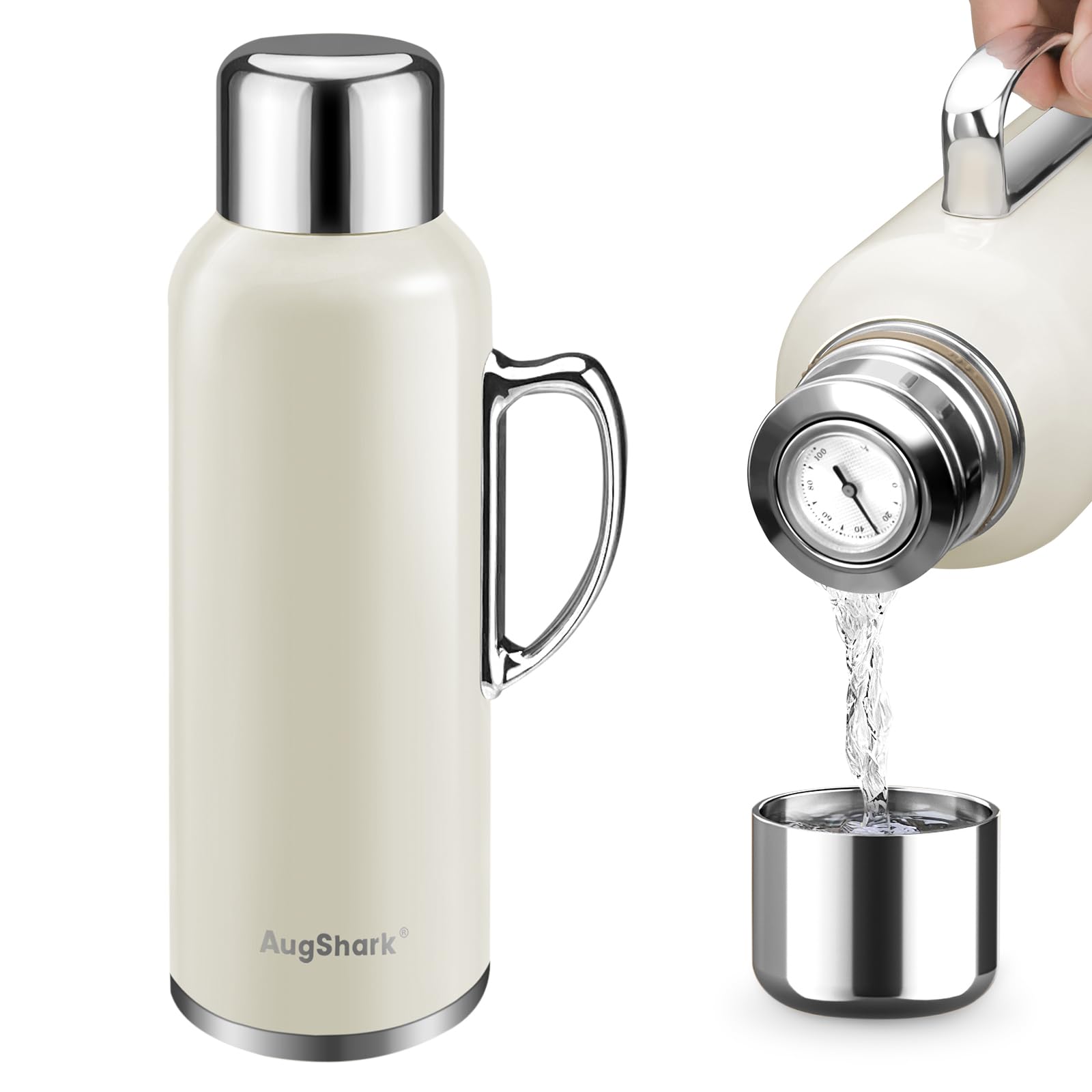 34 oz Insulated Water Bottle, Green Vacuum Stainless Steel Water Flask Jug with Handle & Metal Mechanical Temperature Measuring Cup Lid, Leakproof Travel Bottle Keep Cold 36h Hot 24h
