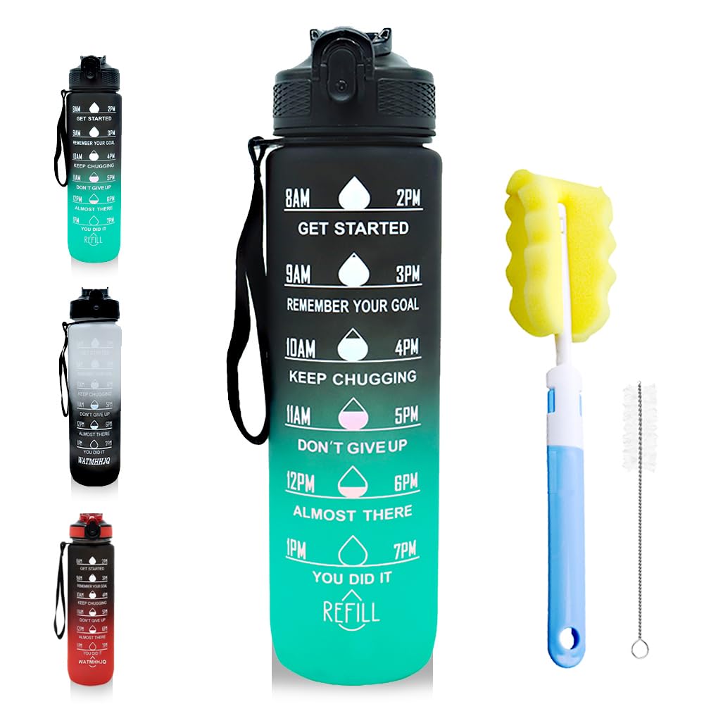 32oz Sports Water Bottle Outdoor, with Drinking Time and Capacity Labels, Sport Water Cups with Straw,BPA Free Leak Proof,for Fitness Gym Running Climbing (Black red)