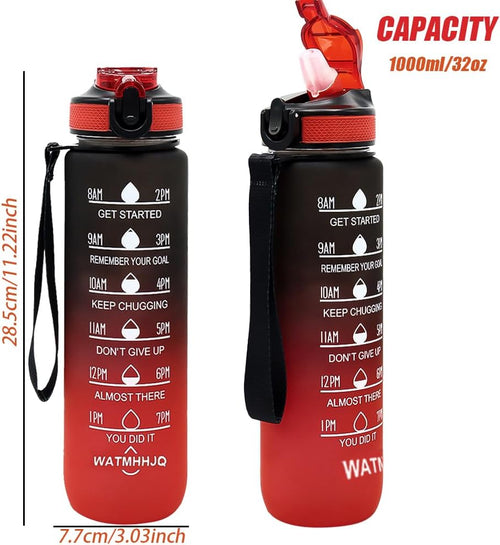 32oz Sports Water Bottle Outdoor, with Drinking Time and Capacity Labels, Sport Water Cups with Straw,BPA Free Leak Proof,for Fitness Gym Running Climbing (Black red)
