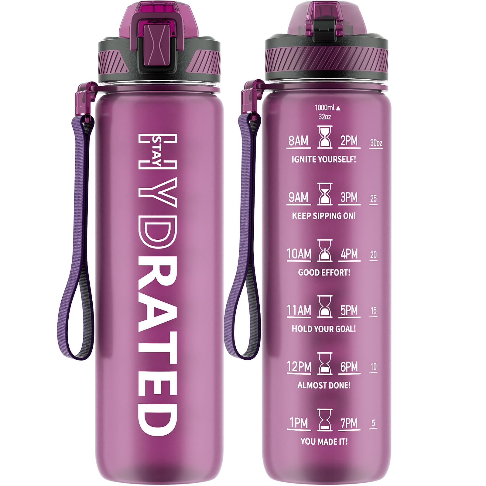 QLUR Water Bottle with Straw, 32oz Motivational Water Bottles with Time Marker to Drink, Tritan BPA Free, 1L Sports Water Bottle with Carry Strap LeakProof for Women Gym Fitness Outdoor (1 Pack)