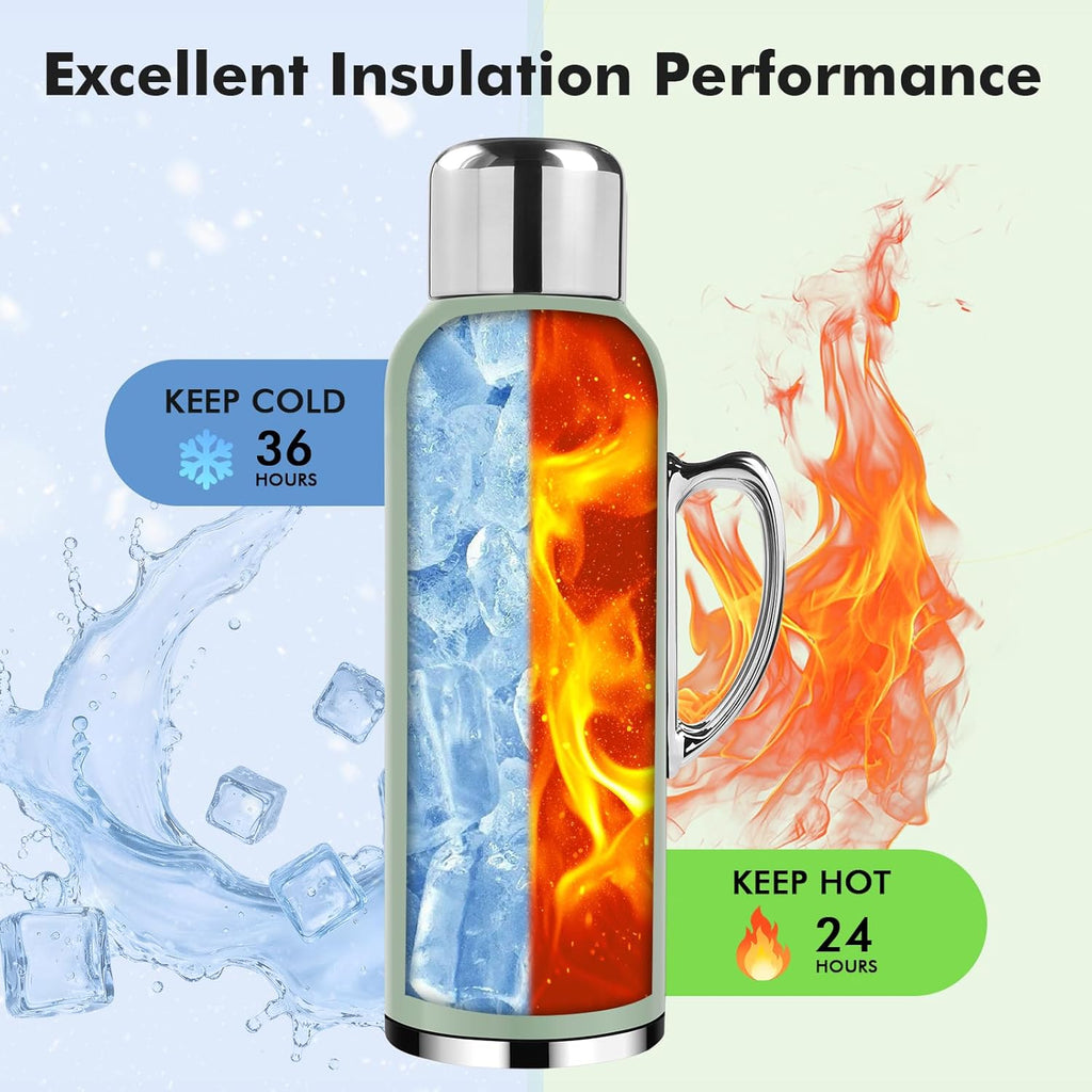 34 oz Insulated Water Bottle, Green Vacuum Stainless Steel Water Flask Jug with Handle & Metal Mechanical Temperature Measuring Cup Lid, Leakproof Travel Bottle Keep Cold 36h Hot 24h
