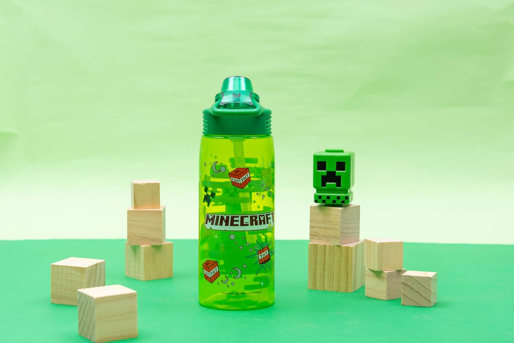 Zak Designs Minecraft Sage Water Bottle For School or Travel, 25oz Durable Plastic Water Bottle With Straw, Handle, and Leak-Proof, Pop-Up Spout Cover (Creeper)