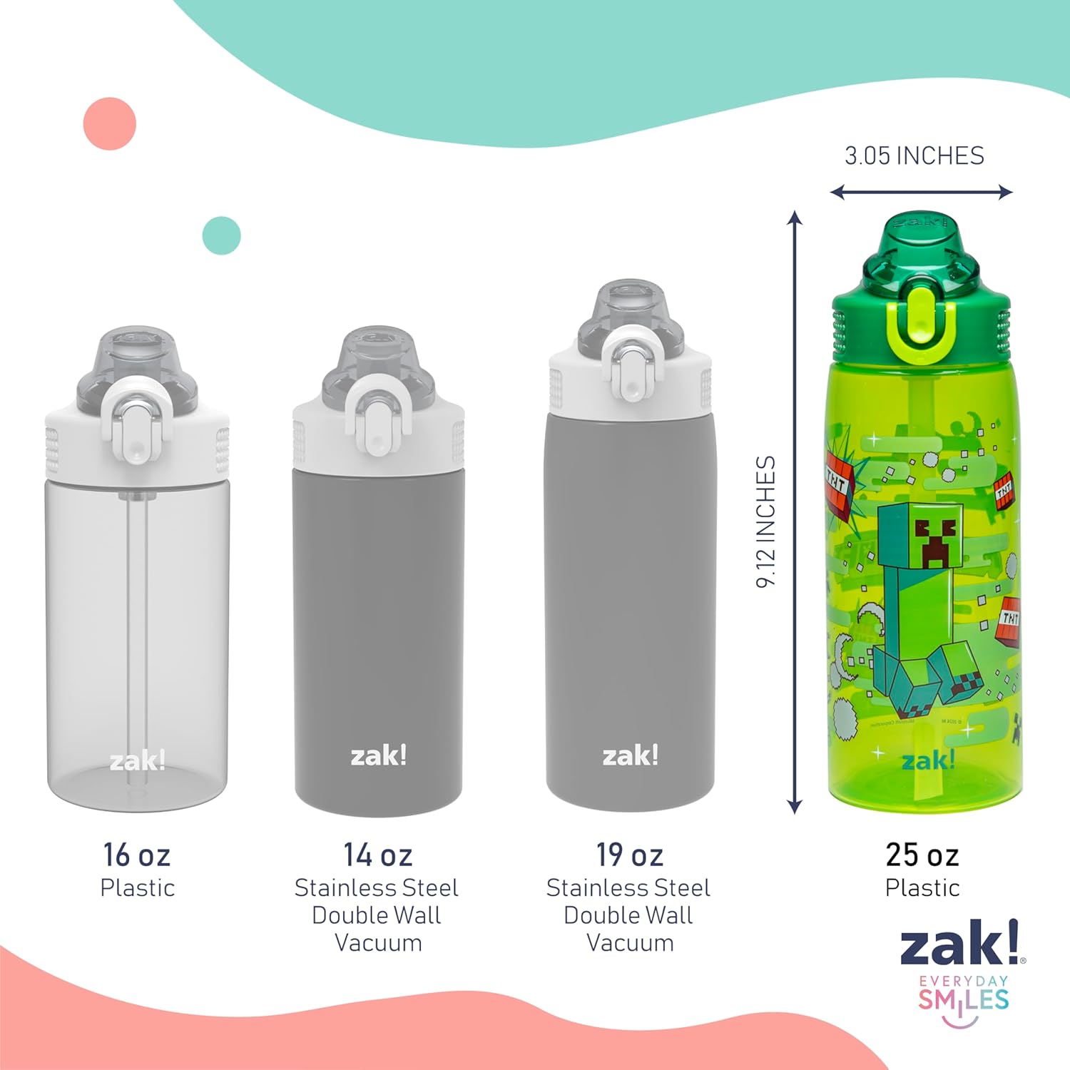 Zak Designs Minecraft Sage Water Bottle For School or Travel, 25oz Durable Plastic Water Bottle With Straw, Handle, and Leak-Proof, Pop-Up Spout Cover (Creeper)