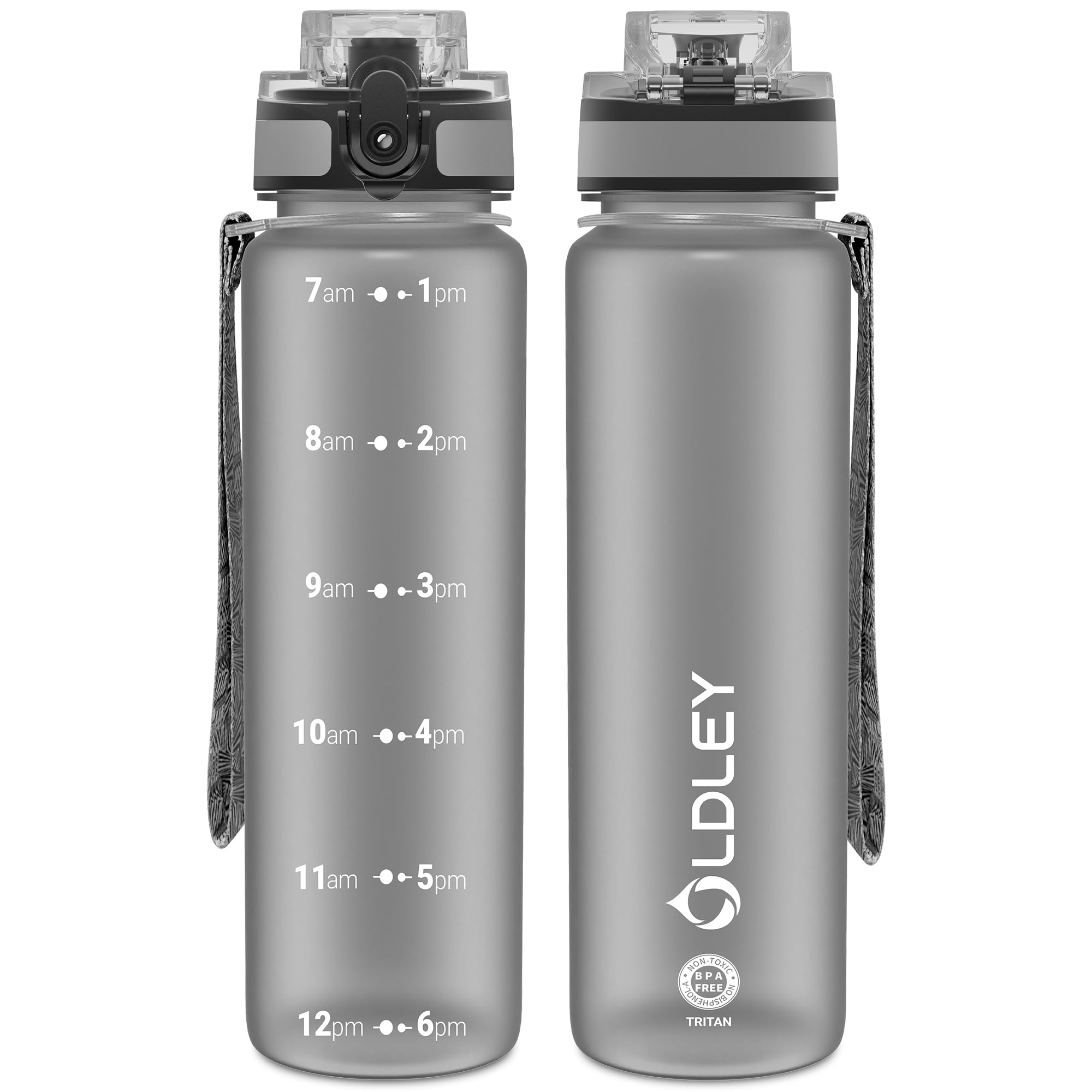 OLDLEY 32 oz Water Bottle, Motivational Water Bottle with Time Marker, Sports Water Bottle With Strap, Leakproof & BPA Free Large Water Bottles for School, Gym, Travel, Outdoor, Tritan, Transparent