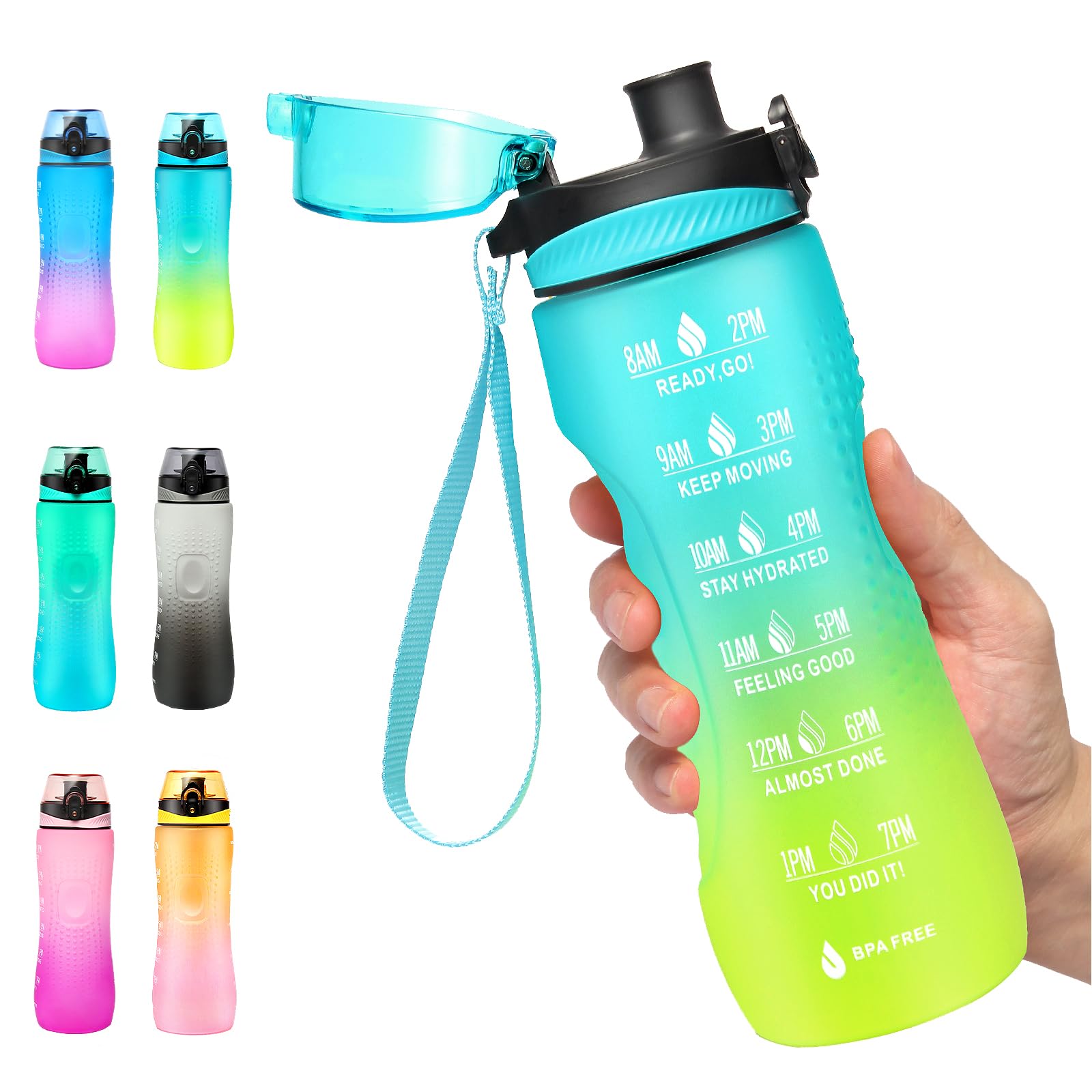 Water Bottle,25 oz Motivational Water Bottle with Time Marker,Sports Water Bottle with Carrying Strap,Leakproof & BPA Free,Reusable,for Teenager, Adult,Outdoors, Cycling, School & Office