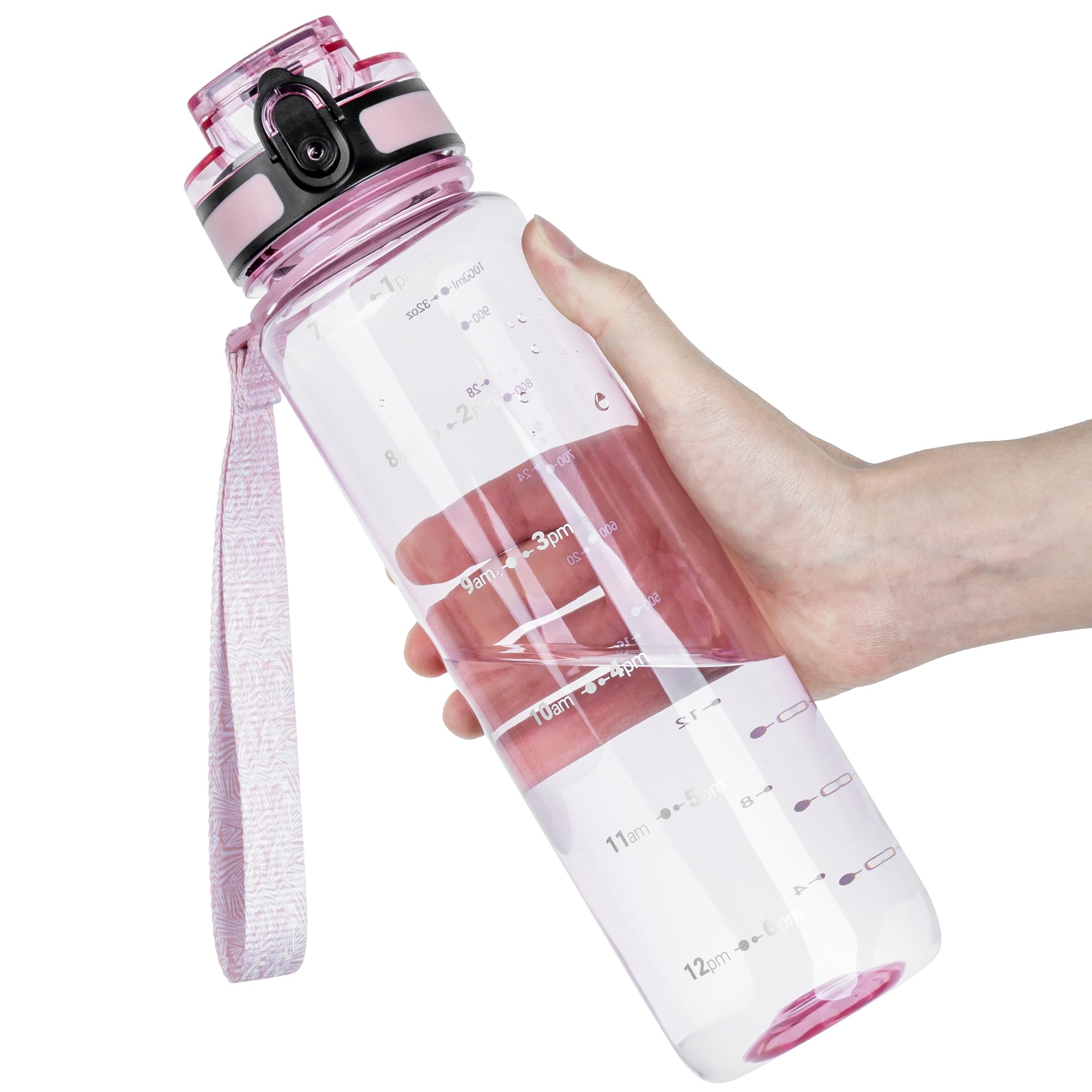 OLDLEY 32 oz Water Bottle, Motivational Water Bottle with Time Marker, Sports Water Bottle With Strap, Leakproof & BPA Free Large Water Bottles for School, Gym, Travel, Outdoor, Tritan, Transparent