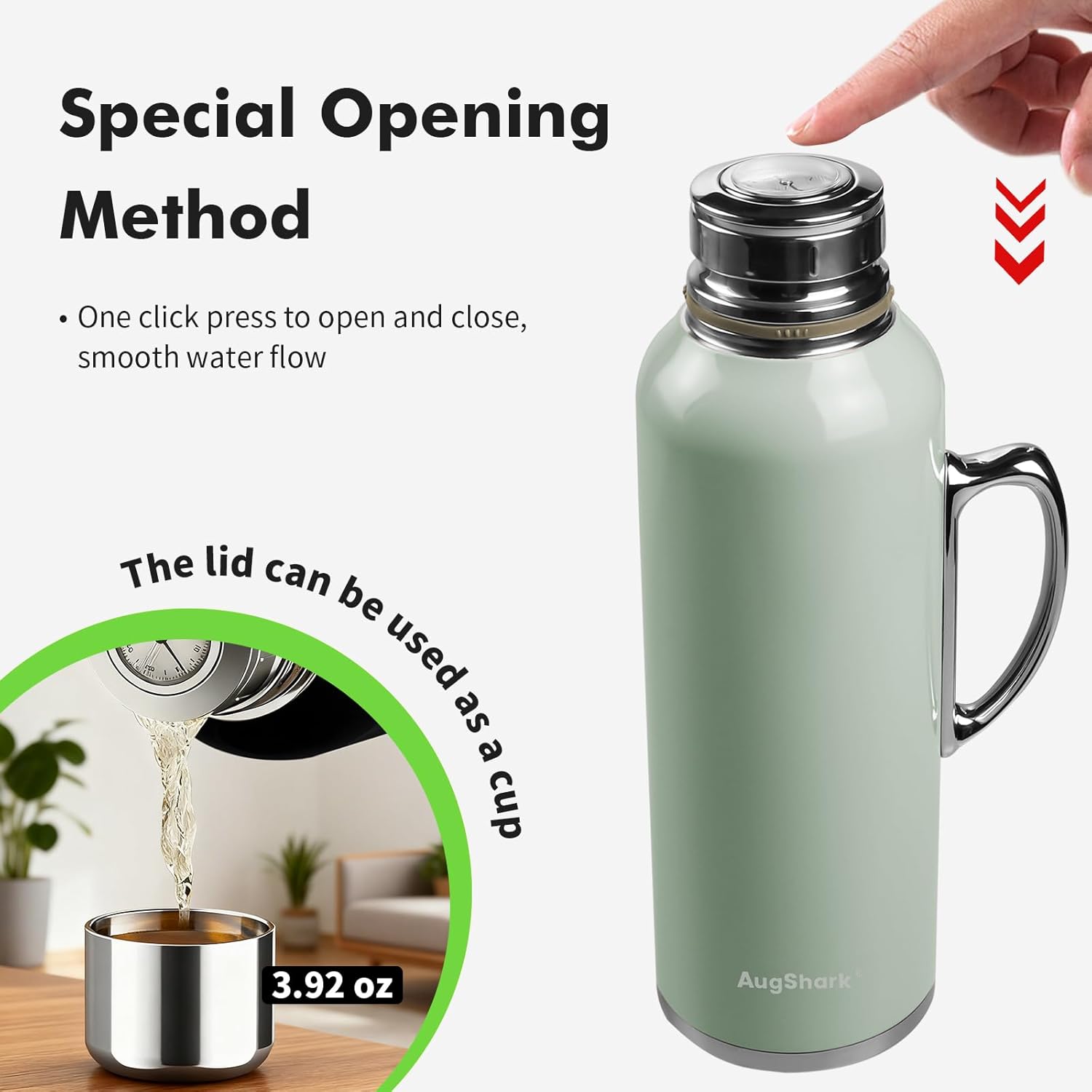 34 oz Insulated Water Bottle, Green Vacuum Stainless Steel Water Flask Jug with Handle & Metal Mechanical Temperature Measuring Cup Lid, Leakproof Travel Bottle Keep Cold 36h Hot 24h