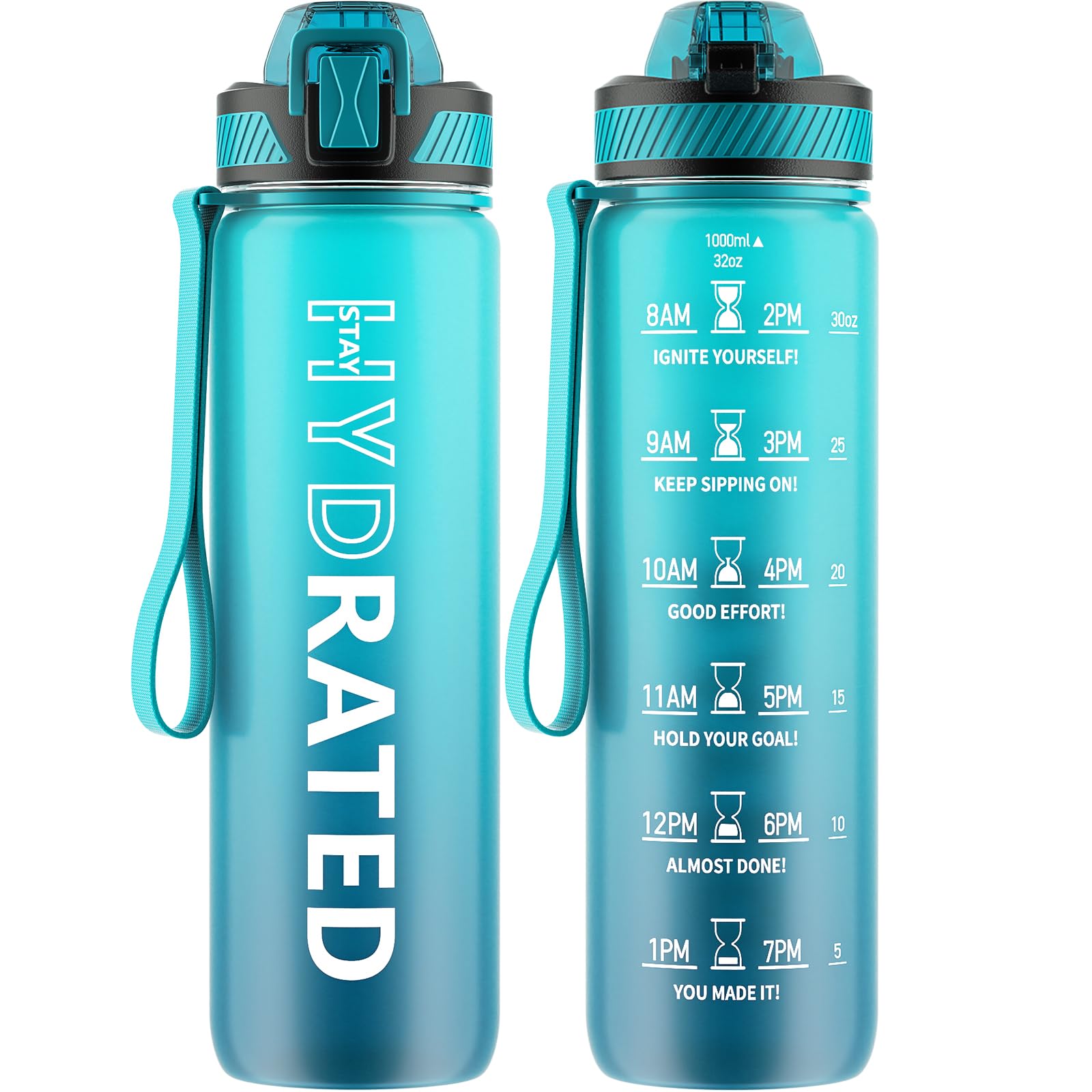 QLUR Water Bottle with Straw, 32oz Motivational Water Bottles with Time Marker to Drink, Tritan BPA Free, 1L Sports Water Bottle with Carry Strap LeakProof for Women Gym Fitness Outdoor (1 Pack)