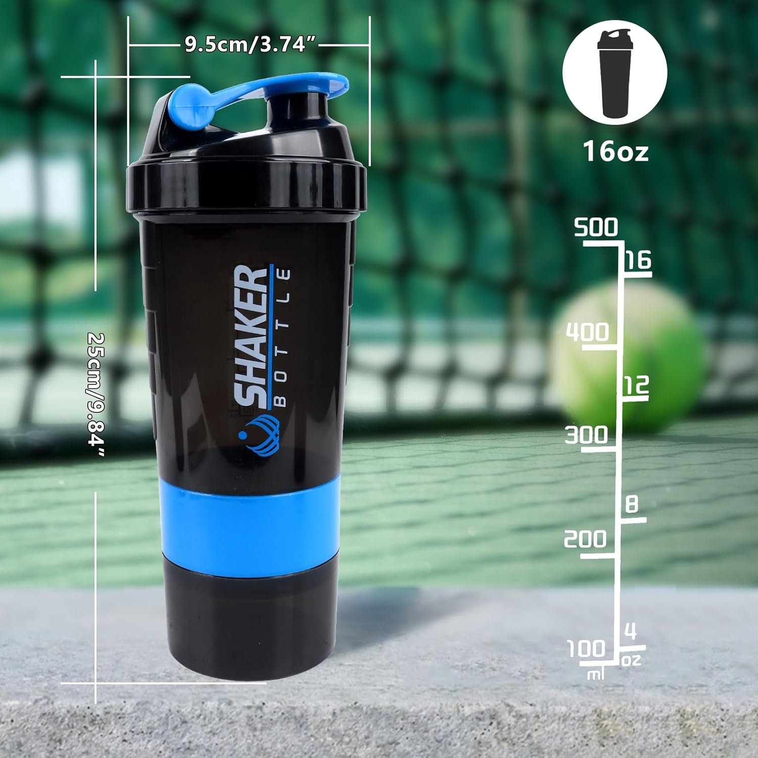 XTK 16OZ Bottle, Shaker Water Bottle with Protein Powder Storage, Mix Ball, Leak Proof for Fitness and Sports Activities, BPA Free