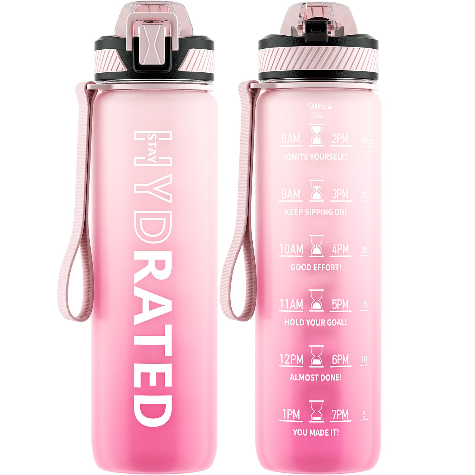 QLUR Water Bottle with Straw, 32oz Motivational Water Bottles with Time Marker to Drink, Tritan BPA Free, 1L Sports Water Bottle with Carry Strap LeakProof for Women Gym Fitness Outdoor (1 Pack)