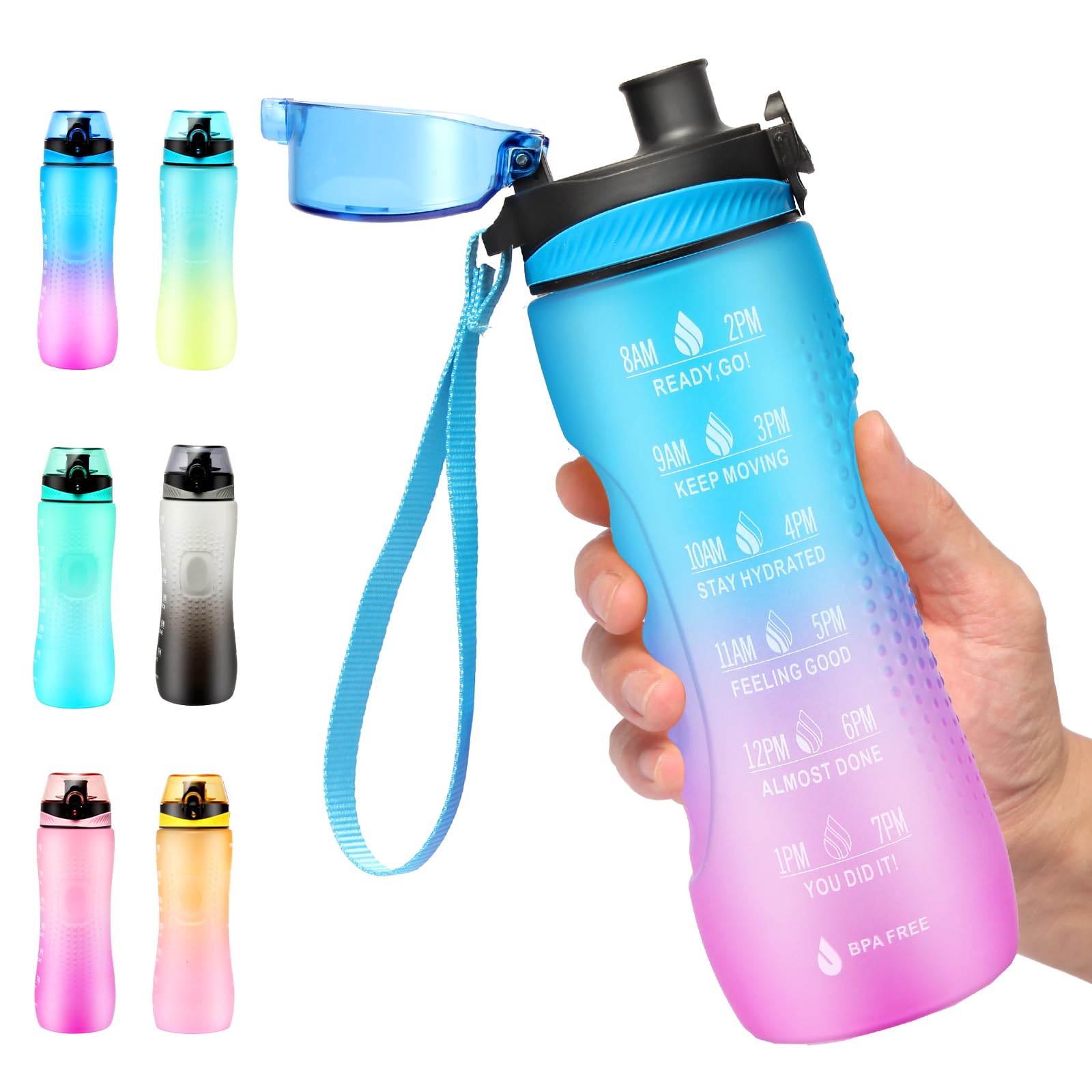 Water Bottle,25 oz Motivational Water Bottle with Time Marker,Sports Water Bottle with Carrying Strap,Leakproof & BPA Free,Reusable,for Teenager, Adult,Outdoors, Cycling, School & Office