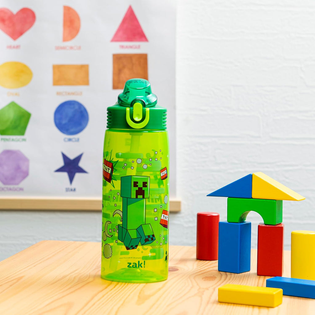 Zak Designs Minecraft Sage Water Bottle For School or Travel, 25oz Durable Plastic Water Bottle With Straw, Handle, and Leak-Proof, Pop-Up Spout Cover (Creeper)