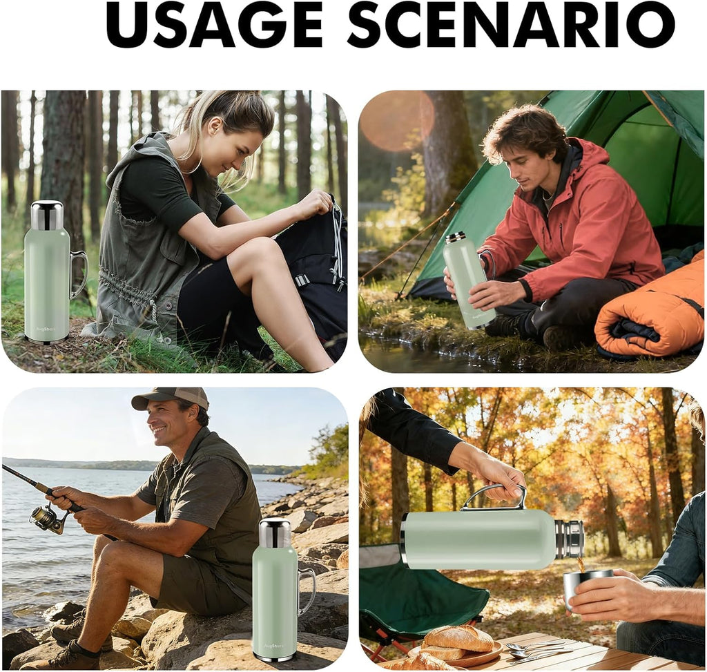 34 oz Insulated Water Bottle, Green Vacuum Stainless Steel Water Flask Jug with Handle & Metal Mechanical Temperature Measuring Cup Lid, Leakproof Travel Bottle Keep Cold 36h Hot 24h