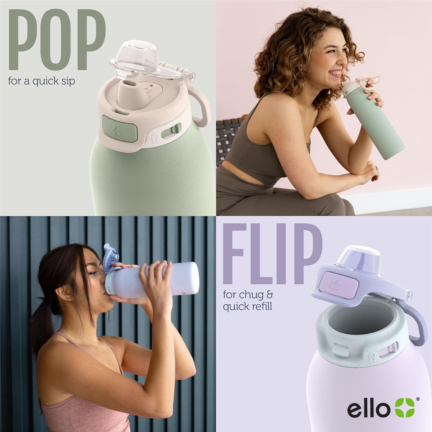 Ello Pop & Fill Insulated Stainless Steel Water Bottle with Quick Fill Lid, Leakproof Locking, Sip or Chug Spout, BPA-Free, Double Wall Vacuum Insulated for Sports, Travel & School- 22oz / 32oz / 40oz